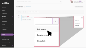 Educator account in Xello on the Events page. The cursor has clicked the three-dot menu next to an event and is selecting Edit event.